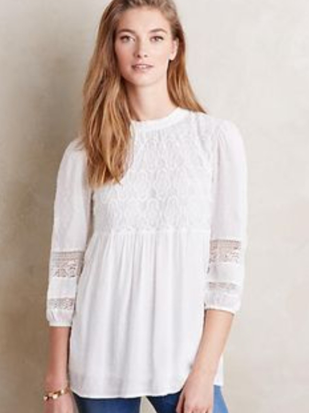 Anthropologie One September Mera Lace Top 3/4 Sleeve Soft White Small